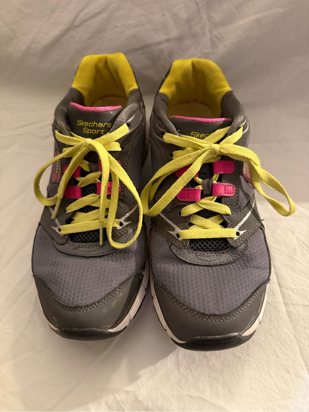 #424 Skechers Women's Gray Athletic Sneakers with Yellow Laces and Pink Accents
